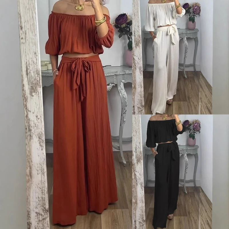 

Pant Set Women Two Piece Sets Slash Neck Half Sleeve Shirt Elastic Waist Wide Leg Long Pants Lace Up Y2k Streetwear Pleated 2026