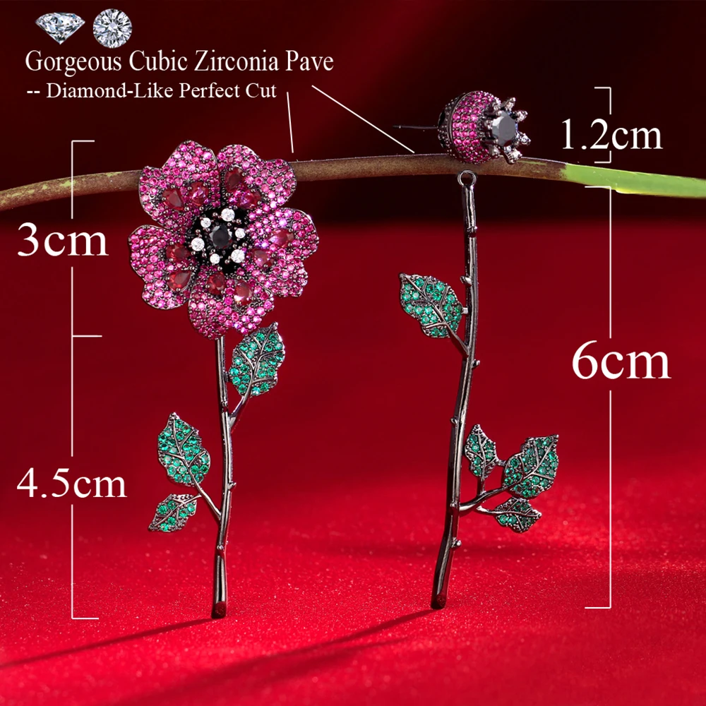BeaQueen Brilliant Leaf Flower Dangle Drop Removable Earrings Red Green AAA CZ Statement Jewelry for Women Christmas Party E649