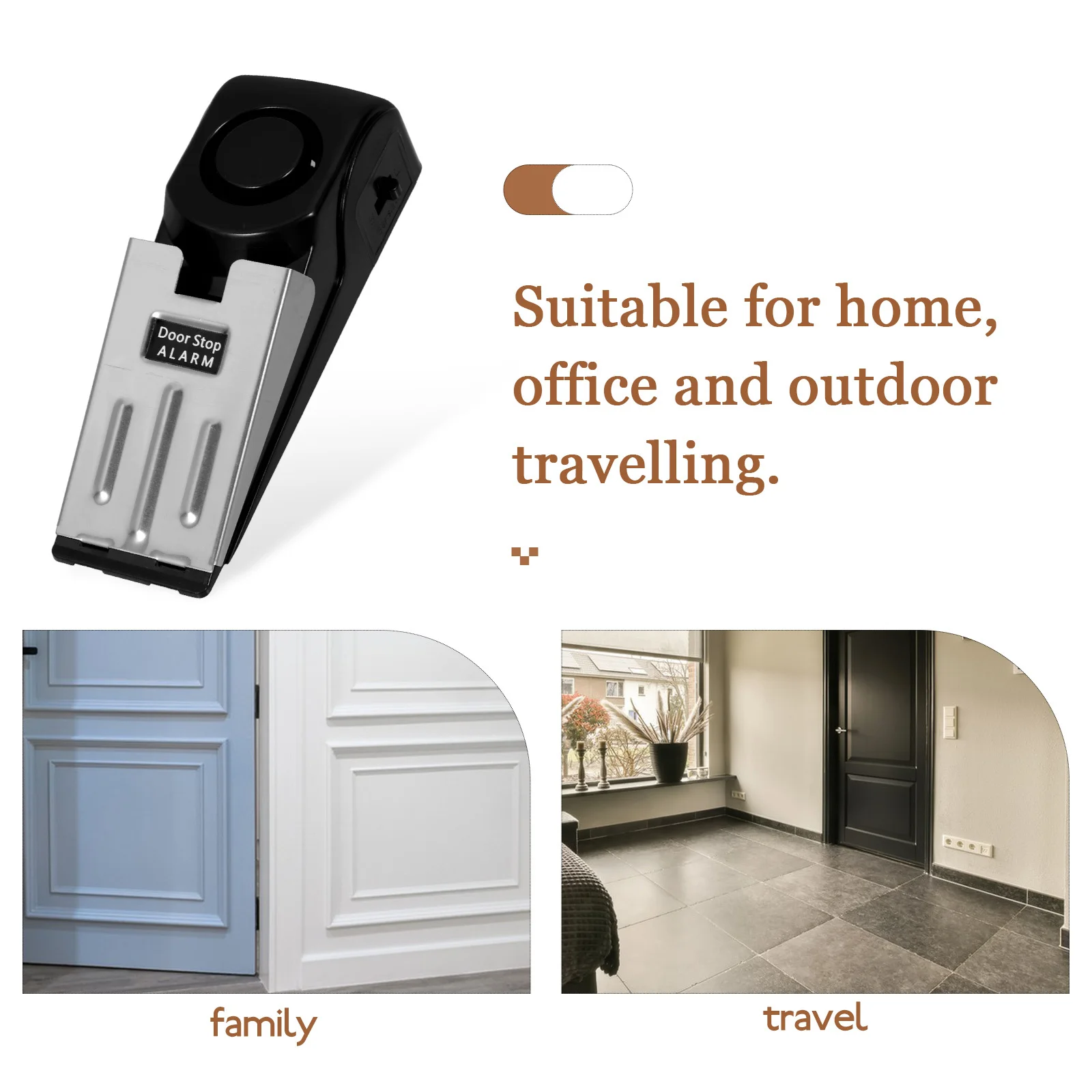 Alarm do drzwi 120dB, czarny, mocny stoper do drzwi, akcesorium do zabezpieczenia domu, głośny alarm wyzwalany otwarciem drzwi, do biura i podróży.