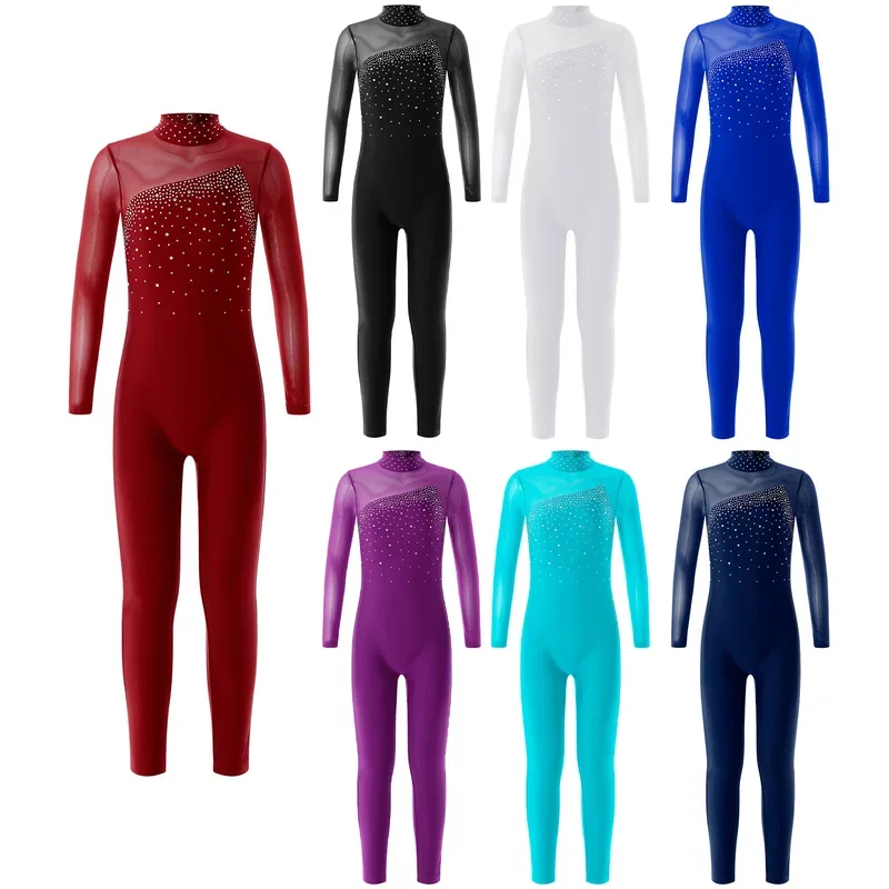 Dziecięce dziewczęce błyszczące Rhinestone trykoty gimnastyczne kombinezon taneczny z długim rękawem Mock Neck Mesh Splice pełne body kombinezon na łyżwach