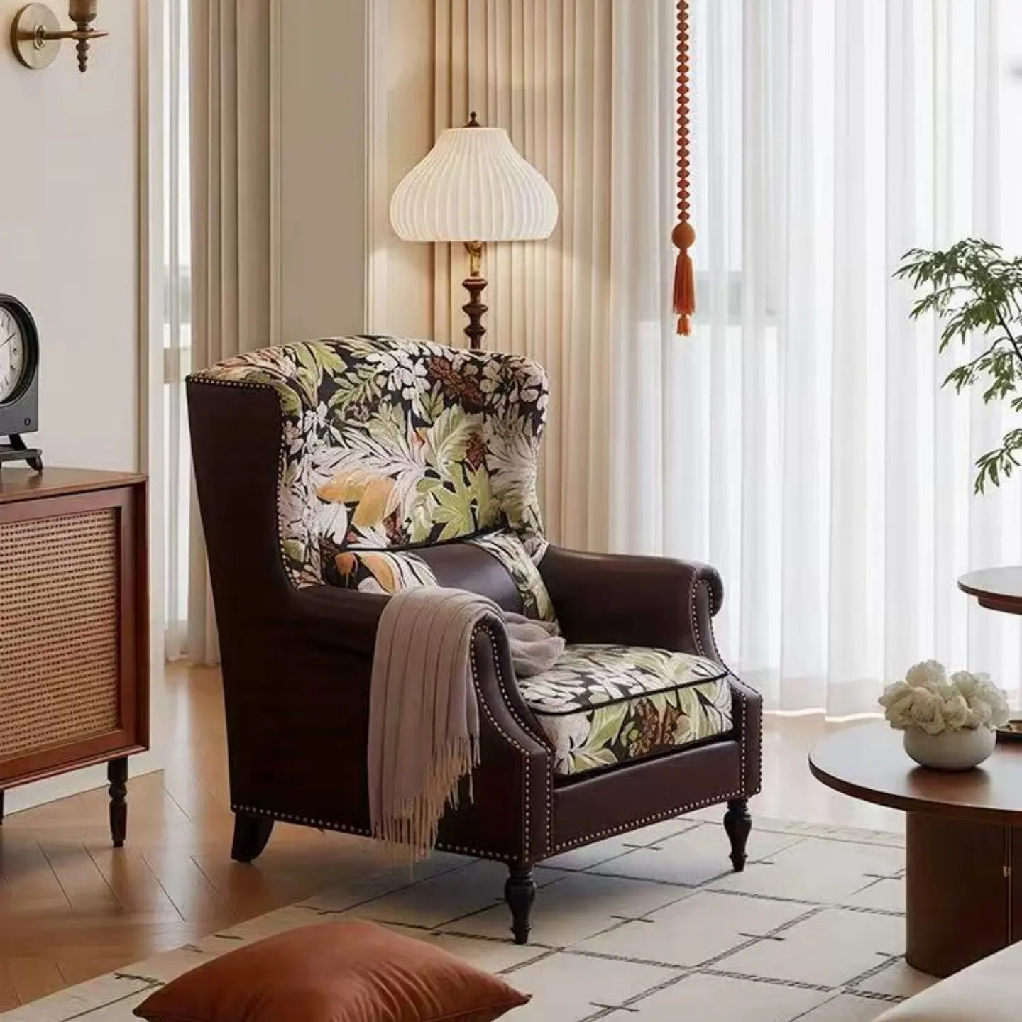 American country fabric sofa single retro rivet decoration living room bedroom solid wood furniture high back chair