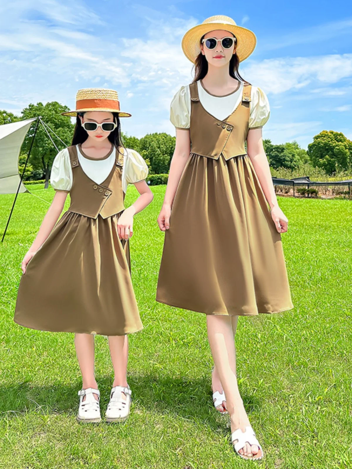 Vestido Casual Esportivo Feminino Moderno com Efeito Duas Peças, Verão 2024, Conjunto Tal Mãe Tal Filha, em Mistura de Algodã...