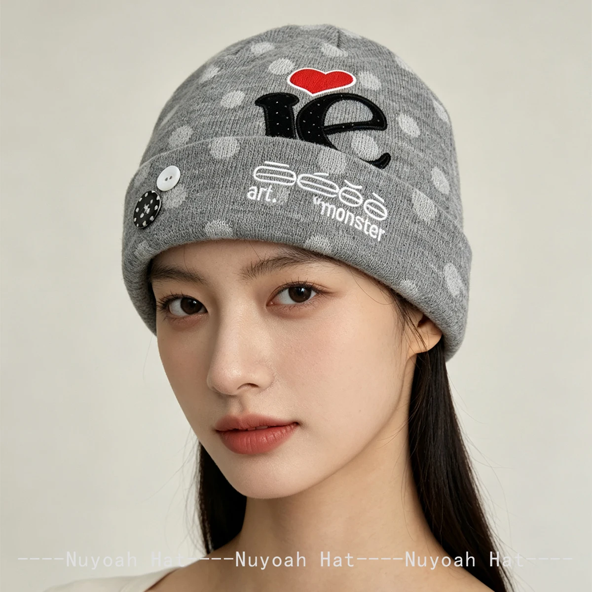 New Men Women Polka Dot Letter Love Embroidery Button Knitted Hats Warm Personal Versatile Korean Beanies Niche Fashion Retro 5