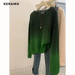 2025 Winter Casual Y2K Knitting Long Sleeve Gradient Pullovers Women's Chic Patchwork Coquette Warm Fashion Green Sweater