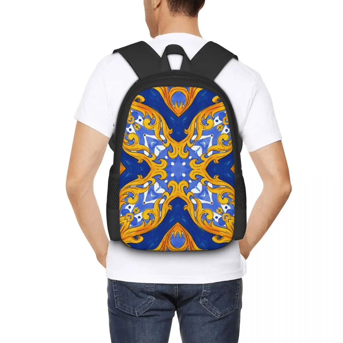 Summer,blue Tiles,mosaic,Sicilian Style, Pattern Backpack Hot Sale Daypack Kids BookBag School Bag Shoulder Bags for Men Women
