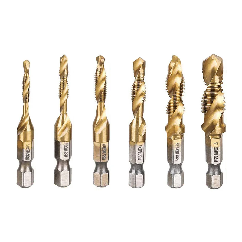 Hex Shank HSS Tap Drill Bit Set, titânio chapeado, rosca, Metric Tap, brocas, torneira composta, 1/4 ", 6pcs