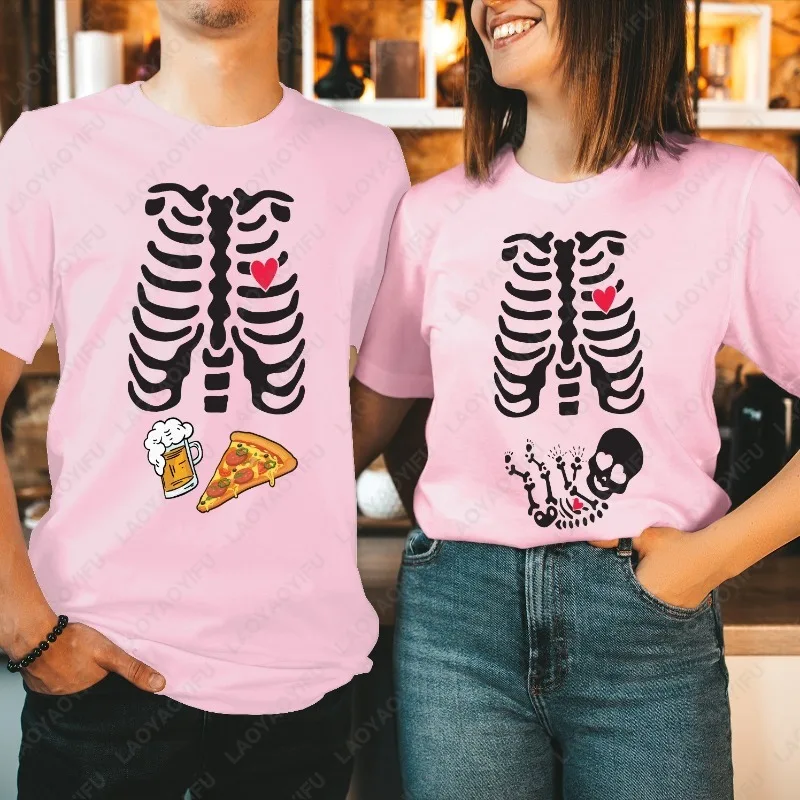 Birra e pizza Scheletro Ribcage Halloween Maternità T-shirt Coppia abbinata Top Uomo Donna Cotone a maniche corte T-shirt