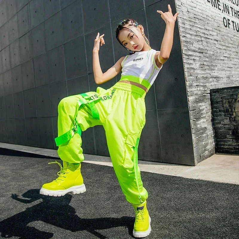 

Street Dance Kids Jazz Costumes Performance Rave Clothes Outfits Children Hip Hop For Girls White Vest Fluorescent Green Pants