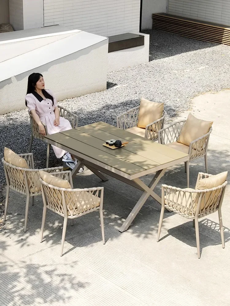 

Table villa open-air leisure rattan chair combination outdoor plastic wood table and chair