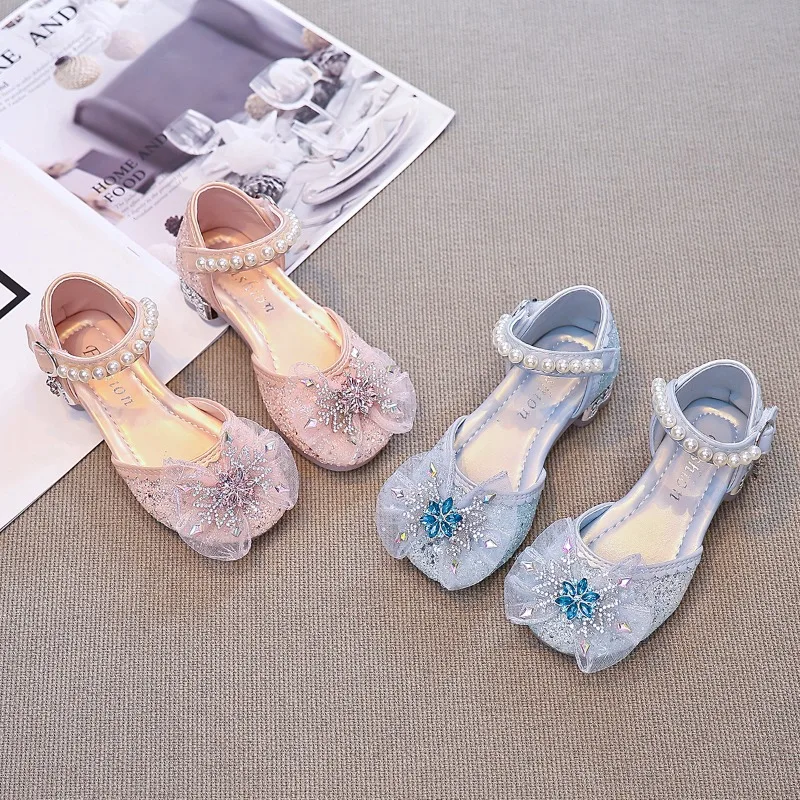 Girls Crystal Half Sandals Children Toes Capped Princess Sandals with Lace Bow-knot Kids Wedding Party Dress Shoes 2026 New