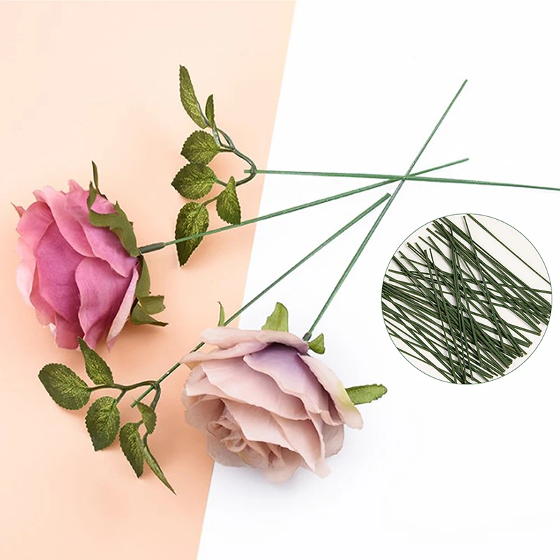 50PCS Artificial Flower Pole Iron Wire Silk Roses Fake Leaf For Wedding Home Decor DIY Wreath Gift Box Scrapbook Christmas Craft