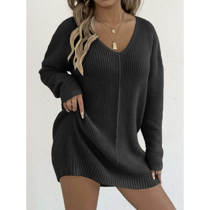 Damen-Pullover mit tiefem V-Ausschnitt, sexy, lässig, Herbst- und Winter-Basishemd, lockeres Kleid mit langen Ärmeln