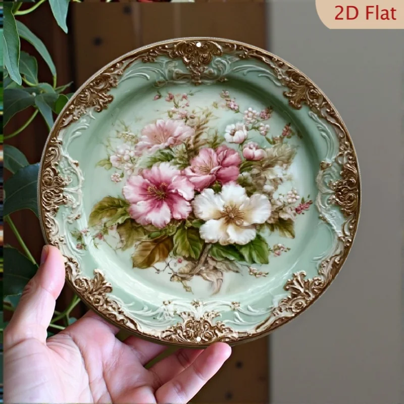 2D Flat - [Open ]2D Flat2D Flat, a Vintage Floral Metal Wall Decoration - Elegant Pink And White Flowers with a Mint Green Backg