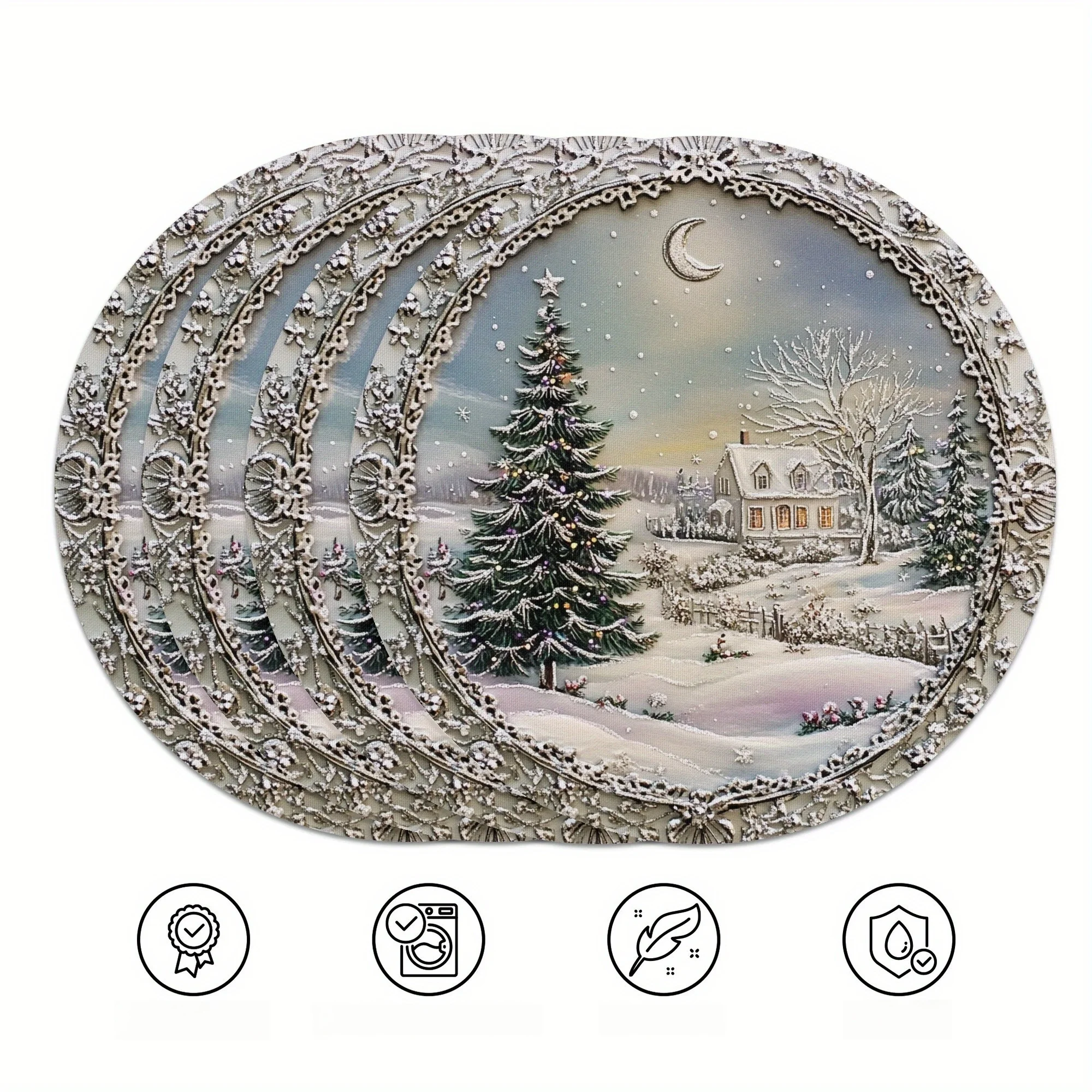 VIKAMA クリスマス雪景色プレースマット4枚セット 家庭宴会＆春節集会 ホリデーテーブルデコレーション＆アクセサリー