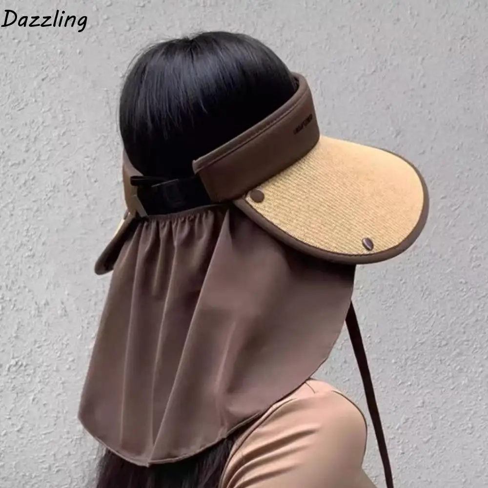 

Fashion Detachable Shawl Sunshade Hat Wide Brim Foldable Straw Cap UPF 50+ Adjustable Empty Top Sun Hat Cycling