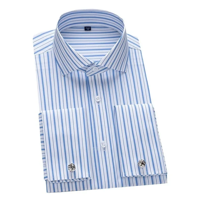 

2025 Windsor Collar Slim Fit Modal Business No Pocket Dress Cufflink Striped New Men's French Shirt Long Sleeve Shirt