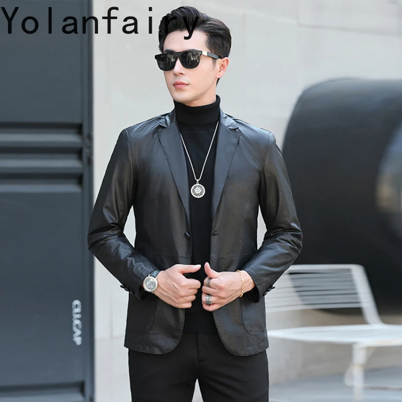 YOLANFAIRY Genuine Leather Goat Skin Jackets Spring Autumn Coats for Men Black Jacket Slim Fit Style Chaquetas Para Hombre