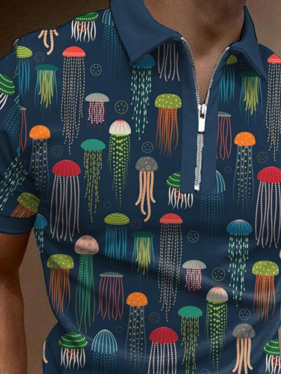 Jellyfish Pattern 3D Print Polo Zipper Shirt Tattoo for Men