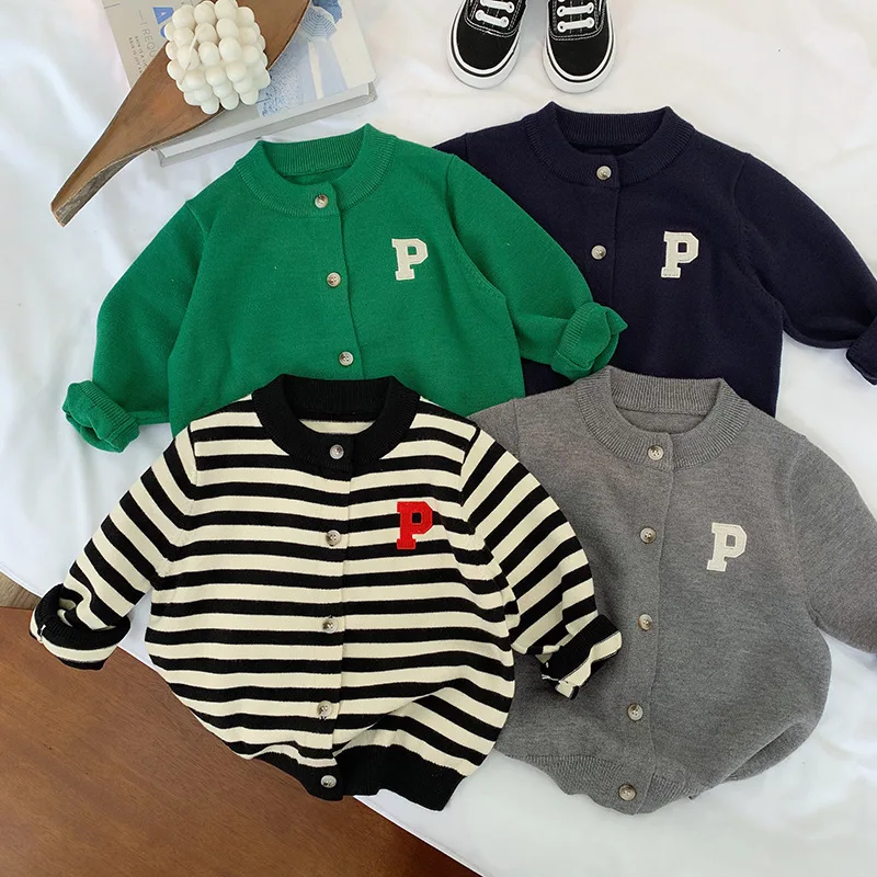 

Новинка осени 202, детский свитер, пальто, повседневный вязаный кардиган с вышивкой P, универсальный трикотаж для девочек, повседневные топы для мальчиков