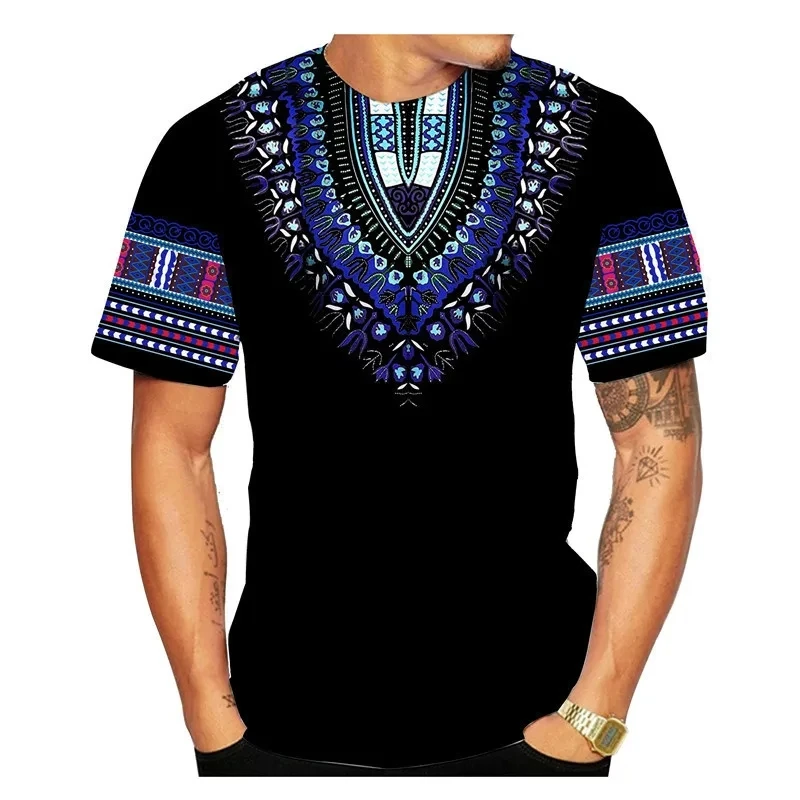 Summer Men\'s Vintage T-shirt Ethnic Style Printed Top Street Fashion O-Neck Short Sleeve Leisure Holiday Top Plus Size Clothin