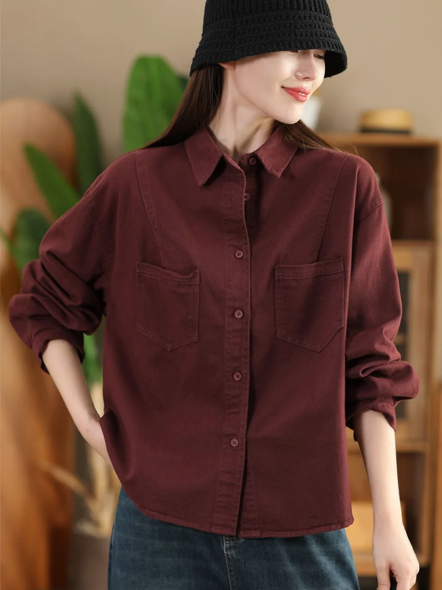 

Осенняя ретро-рубашка-кардиган из 100% хлопка с объемным кроем, отложным воротником, длинными рукавами и открытым передом