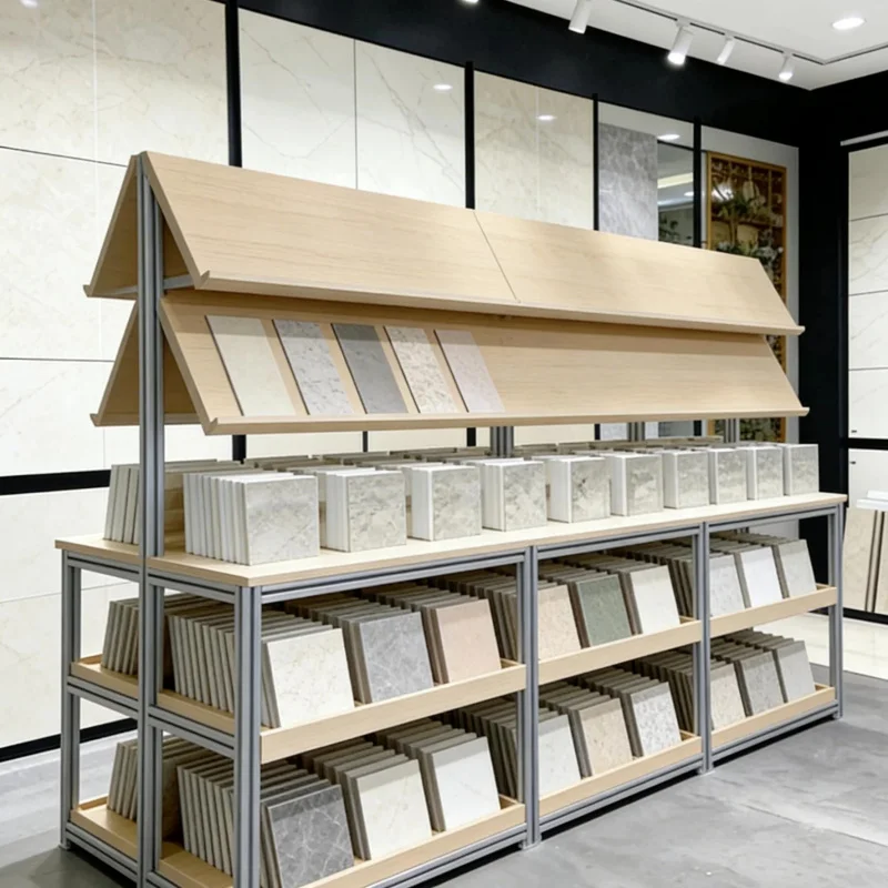 custom.Aluminum Profile Tile & Stone Display Rack LED Lighting Slanted Shelf Showcase Drawers Building Material Showr