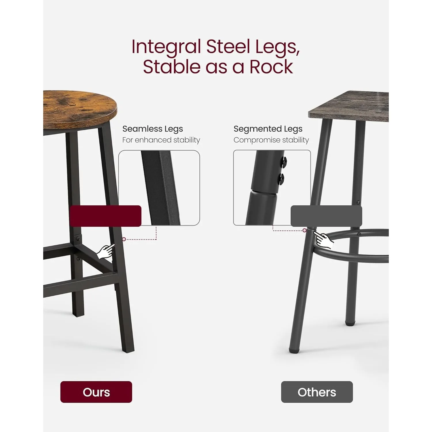 VASAGLE Bar Stools, Set of 2 Bar Chairs, Steel Frame, 25.6 Inch Tall, for Kitchen Dining, Easy Assembly, Industrial Design