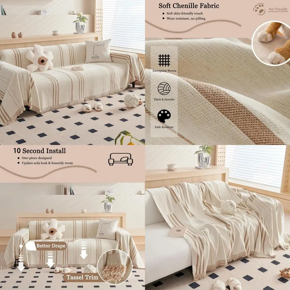 

Reversible Chenille 3 Seat Sofa Cover for Dogs and Pets, Beige Couch Protector for 3 Cushion Sofas, Pet-Friendly Sofa Cover