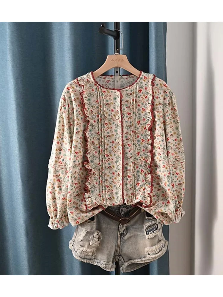 Mori Girl Ruffles Pleated Rustic Flowers Print Shirt Blouse 2024 Autumn