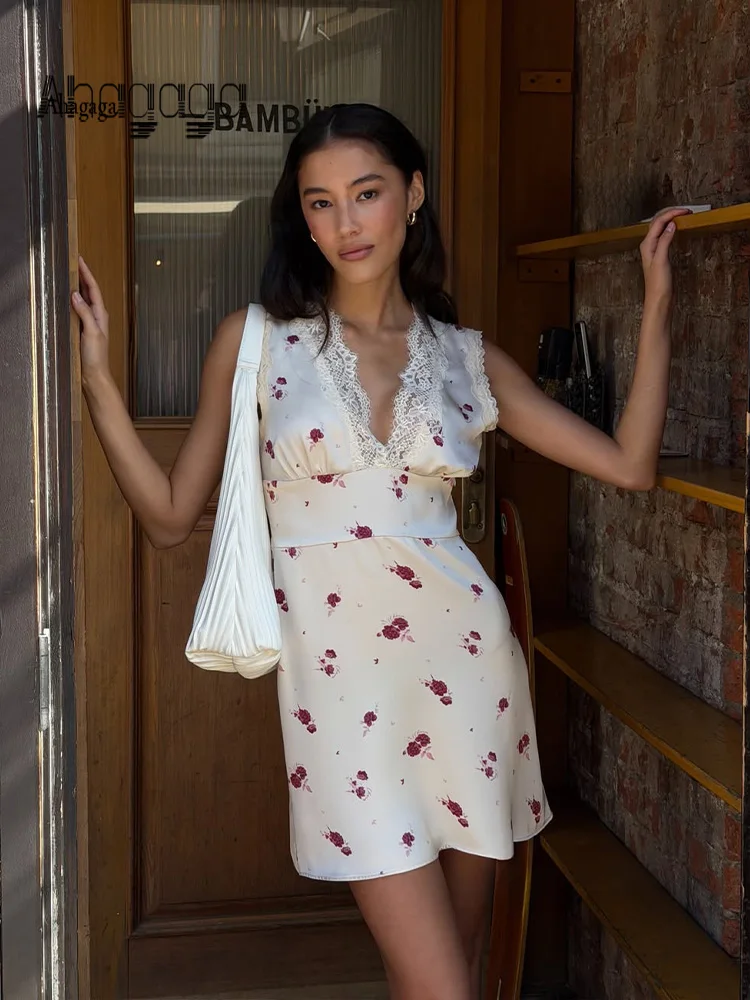 

Ahagaga Sexy Sleeveless Lace Patchwork V Neck Floral Dresses Casual Fashion Streetwear Slim Fit Summer Party Vestidos Female