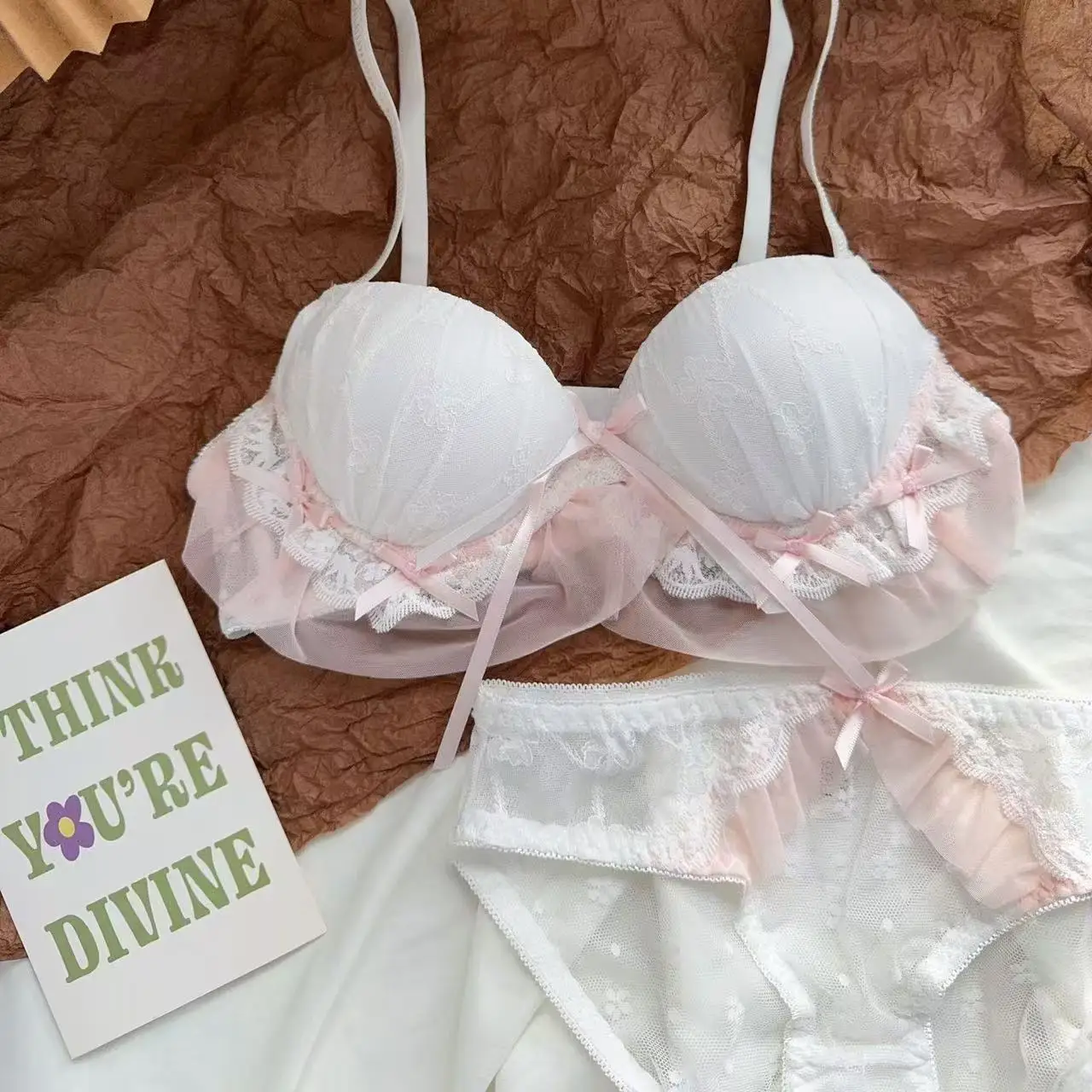 Japanese Cute Underwear Women Gather Without Steel Rings, Top Support, Sexy Bow Lace Bra Set