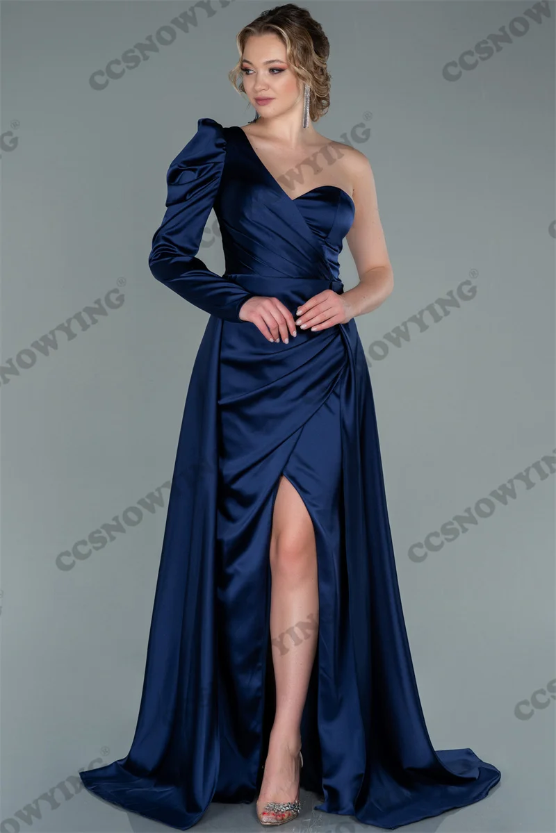 Glossy Satin Long Sleeve One Shoulder Evening Dresses Slit Side Formal Party Dress A Line Women Robe De Soiree