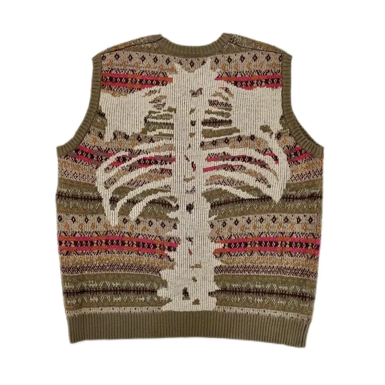 

Non Kapital Vintage Bone Skeleton Printe Ethnic Retro Flower Stripe Knitted Japan Style Pink Loose Sweater Vest Annual Jia Brand