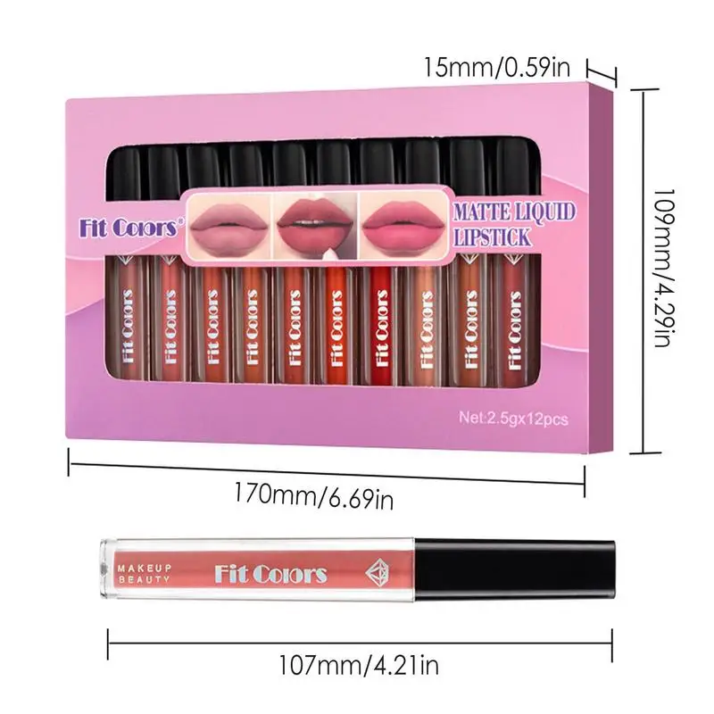 12 Stuks Fluweel Matte Vloeibare Lippenstift Non-Stick Cup Waterdicht Nude Lipgloss Kit Non-Stick Cup Niet Vervagen Lippenstift Make-Up Set