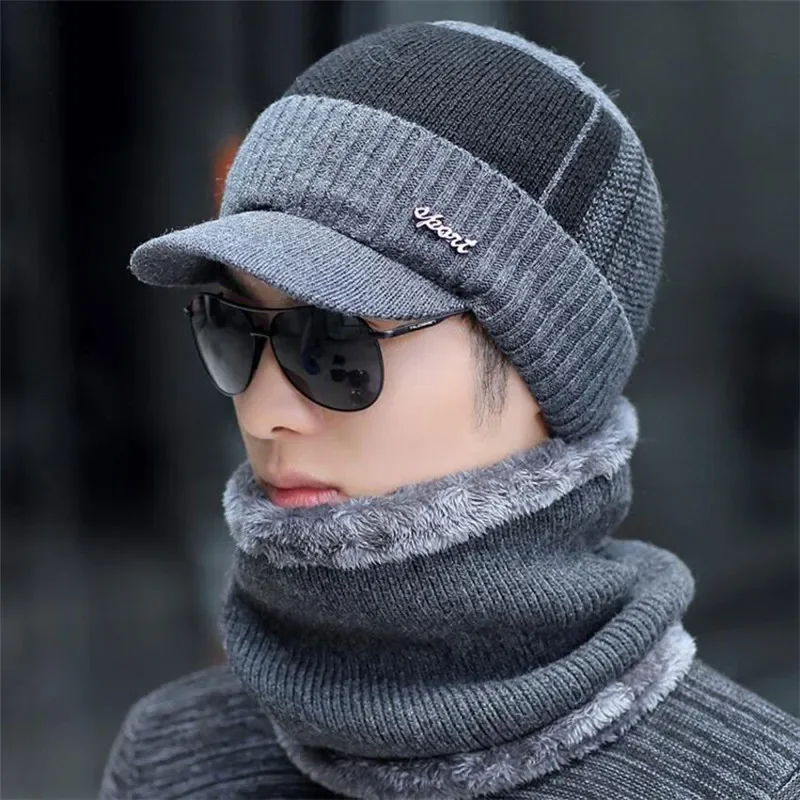 Men Winter Hat Scarf 2 Peice Set Women Man Outdoor Warm Knitted Plush Mix Color Cap Ring Scarves With Brim Knit Visor Male Acces