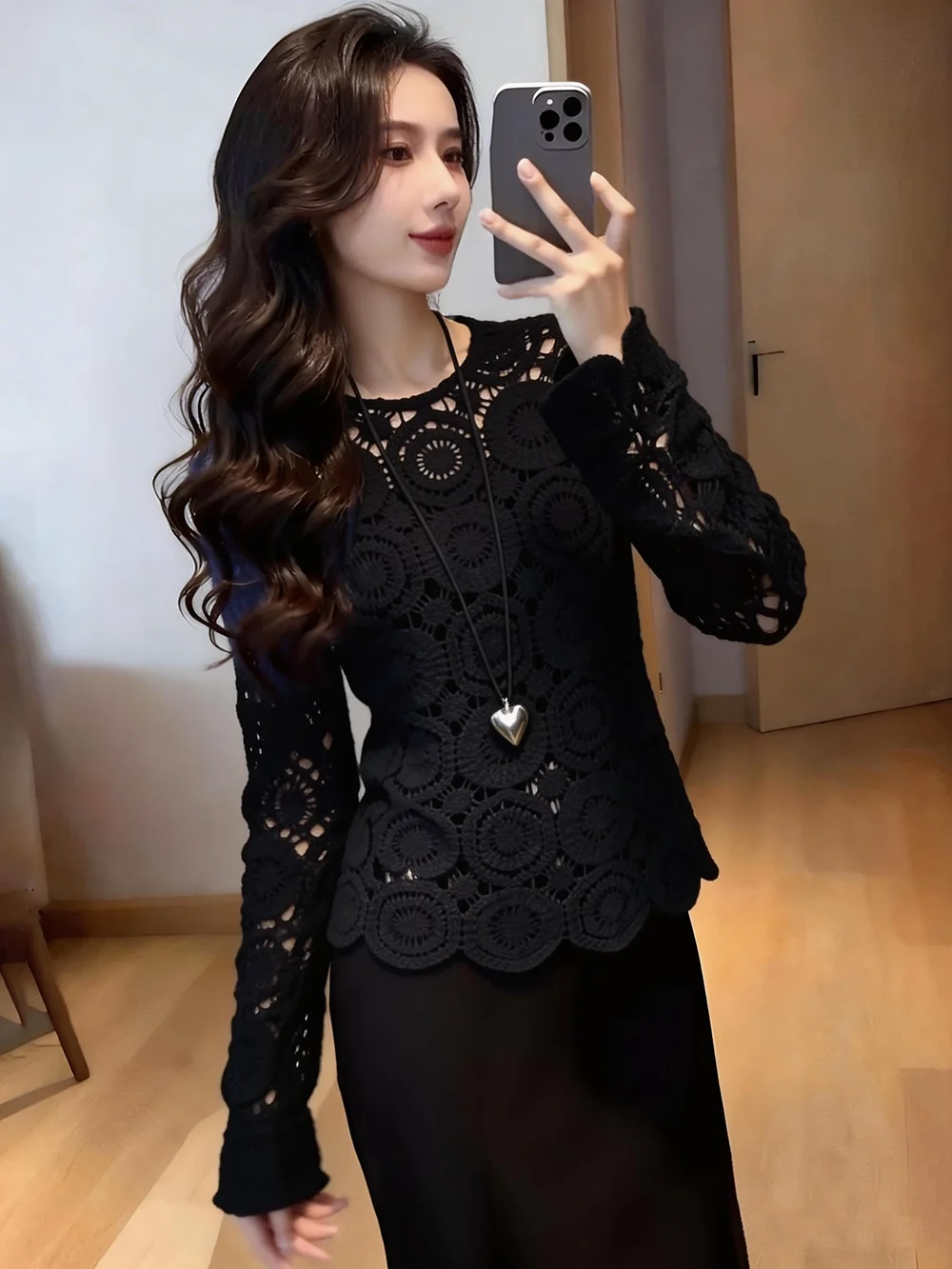 Unique Korean Style Lace T-Shirt Charming Maturity Atmosphere Sensation Fashionable Casual Long Sleeve round Neck Top