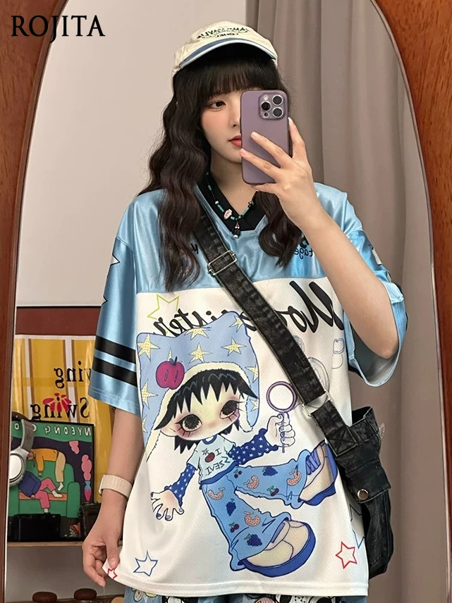 Cartoon Print Short-sleeved T-shirt Contrasting Color Striped V-neck Loose Casual Summer Jersey for Men and Women