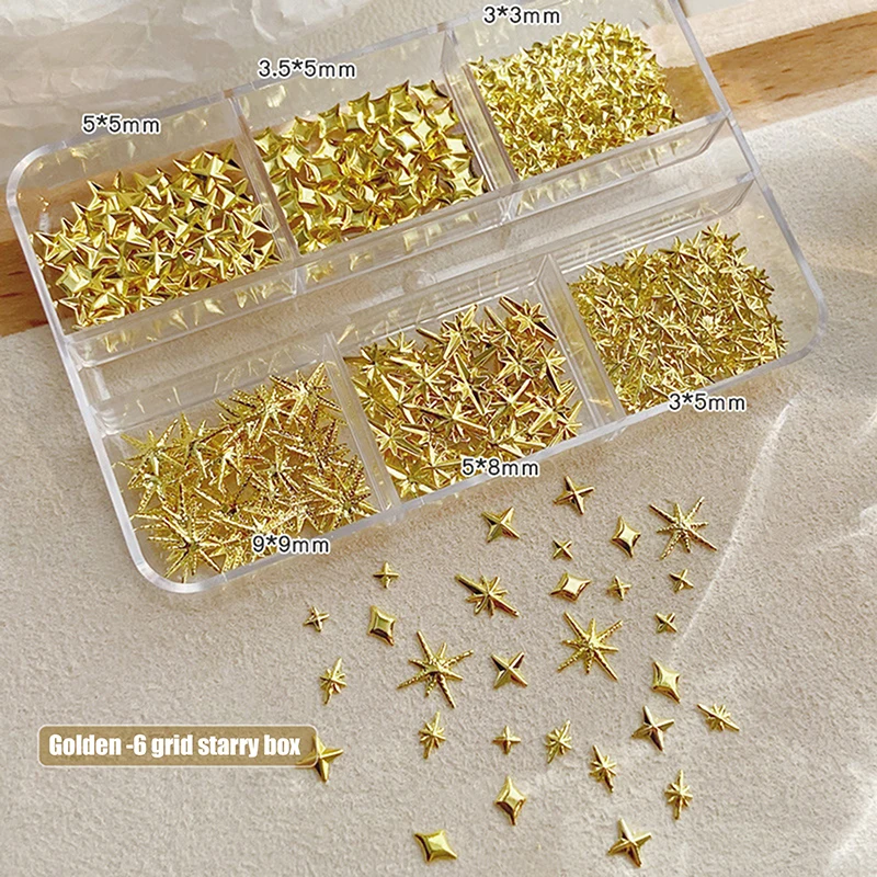 6 Grids Metallic Gold Silver Nail Art Rhinestones Decor Manicure Charms Flatback Starburst Pentagrams Jewel Nail Accessories