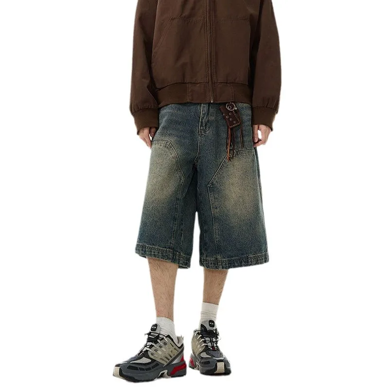 New Style Men's Summer New Style Loose Straight Wide Leg Denim Shorts Casual Washed Retro Blue Mid-length Jean Shorts Jeans Male