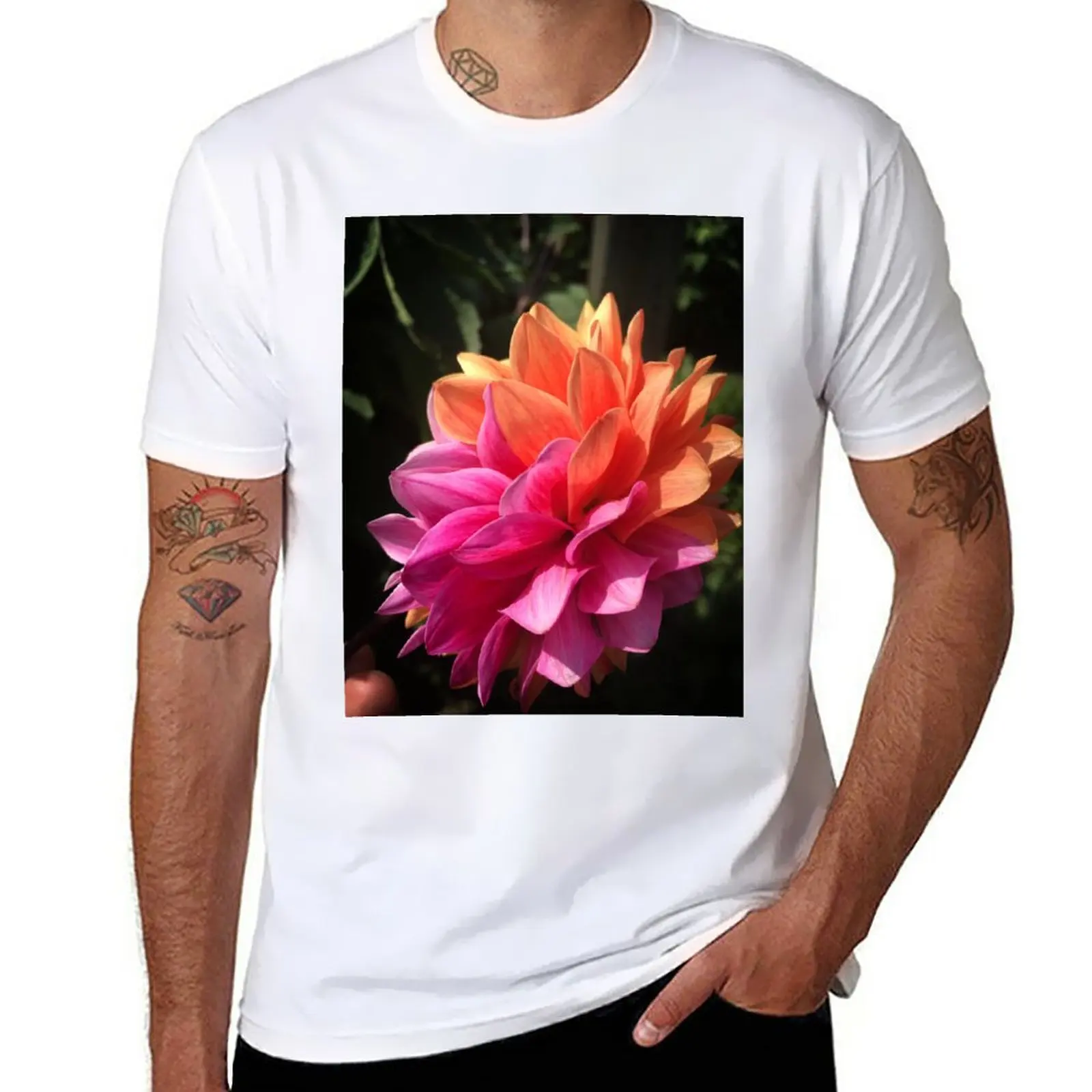 New Rare Half Pink Half Orange Dahlia Flower side profile 036 T-Shirt cat shirts blank t shirts Tee shirt mens plain t shirts