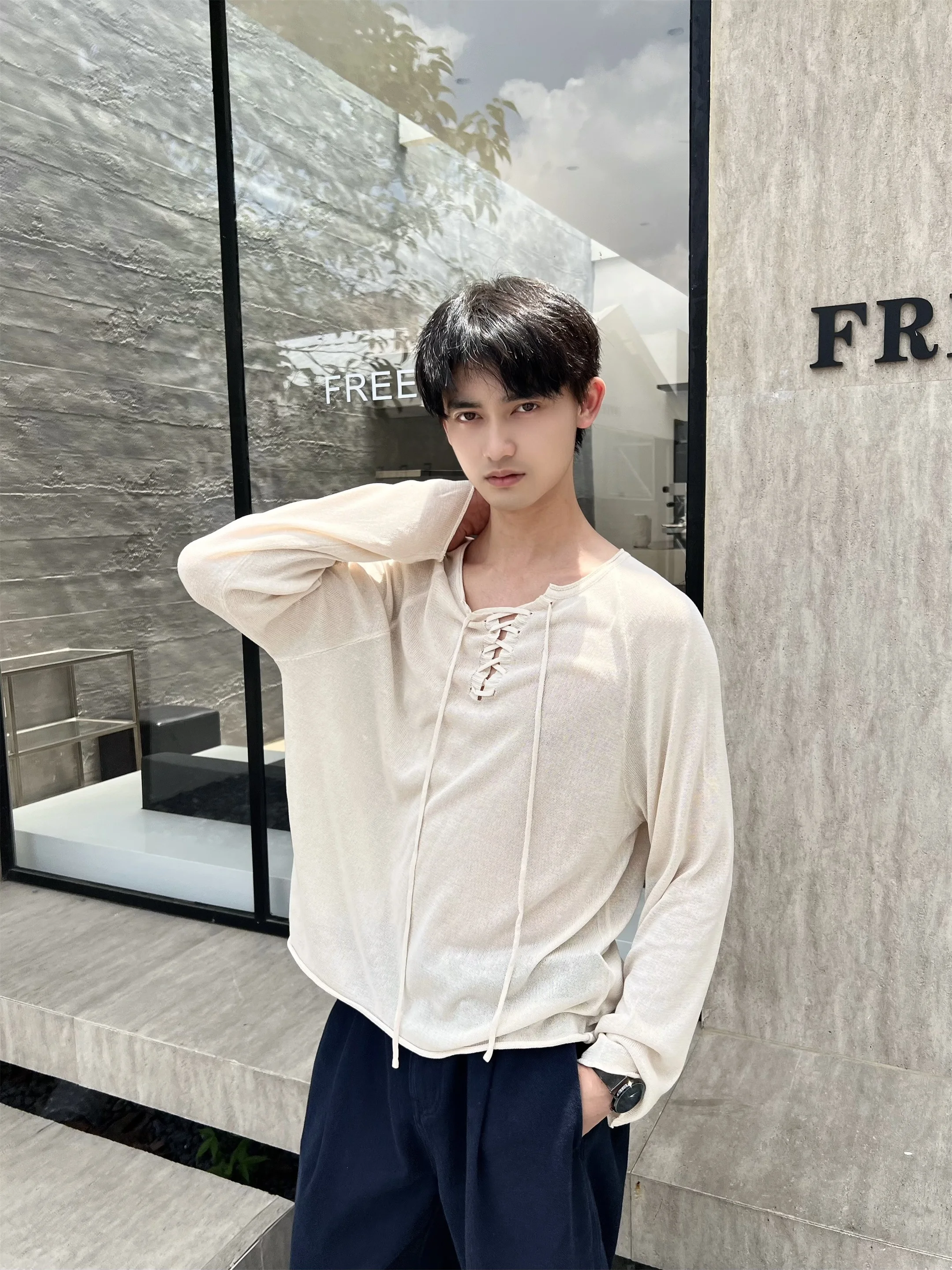 

Vintage American Sle Long Sve Knitted Sweater Roman Belted Striped ex Couple's Faion Casual Loose Fit round Ne