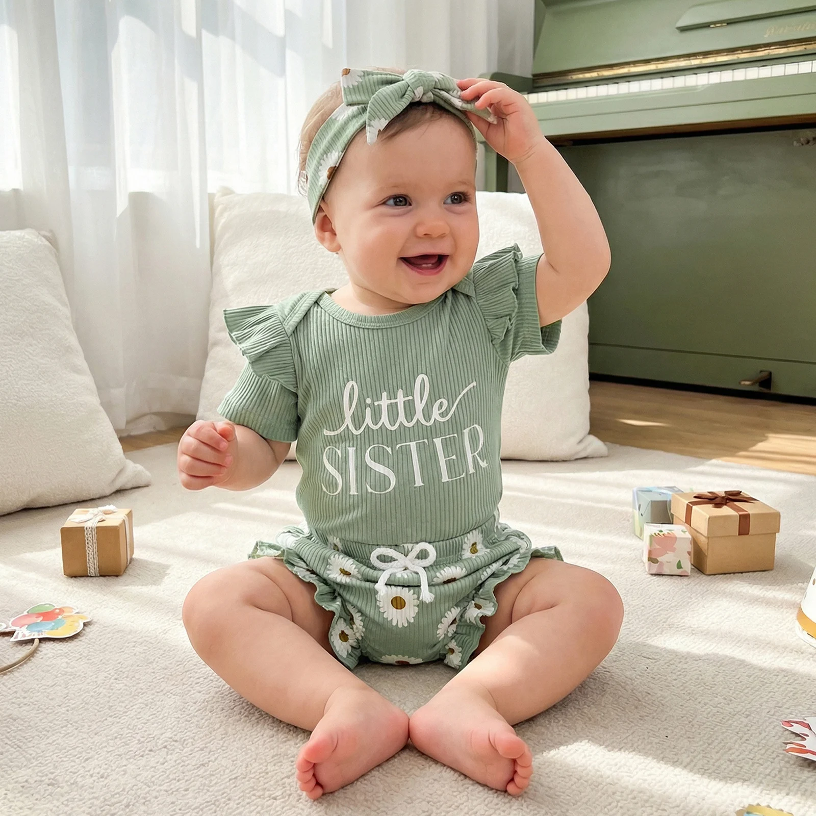 

Летние наряды для новорожденных девочек Tregren: комбинезон с рюшами и короткими рукавами + шорты с принтом ромашек + повязка на голову, комплект из 3 предметов, одежда для младенцев