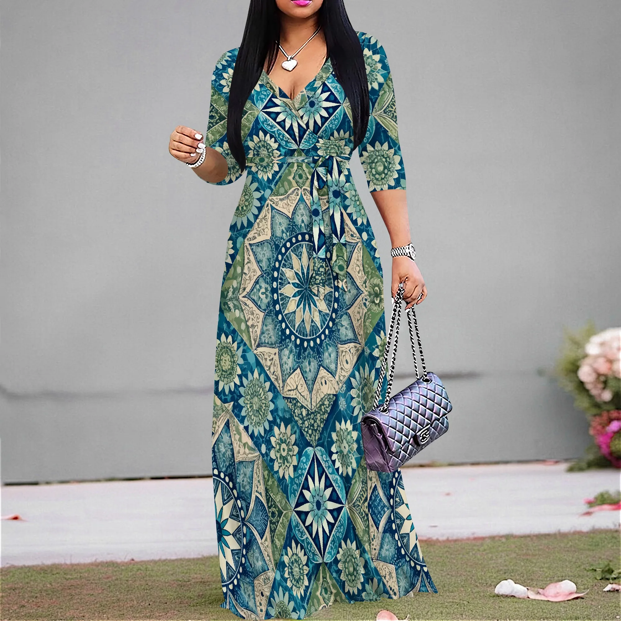 

Boho Maxi Dress Women's Mandala Print XS-3XL V-Neck Wrap Dress Vacation Resort Beach Party Sundress