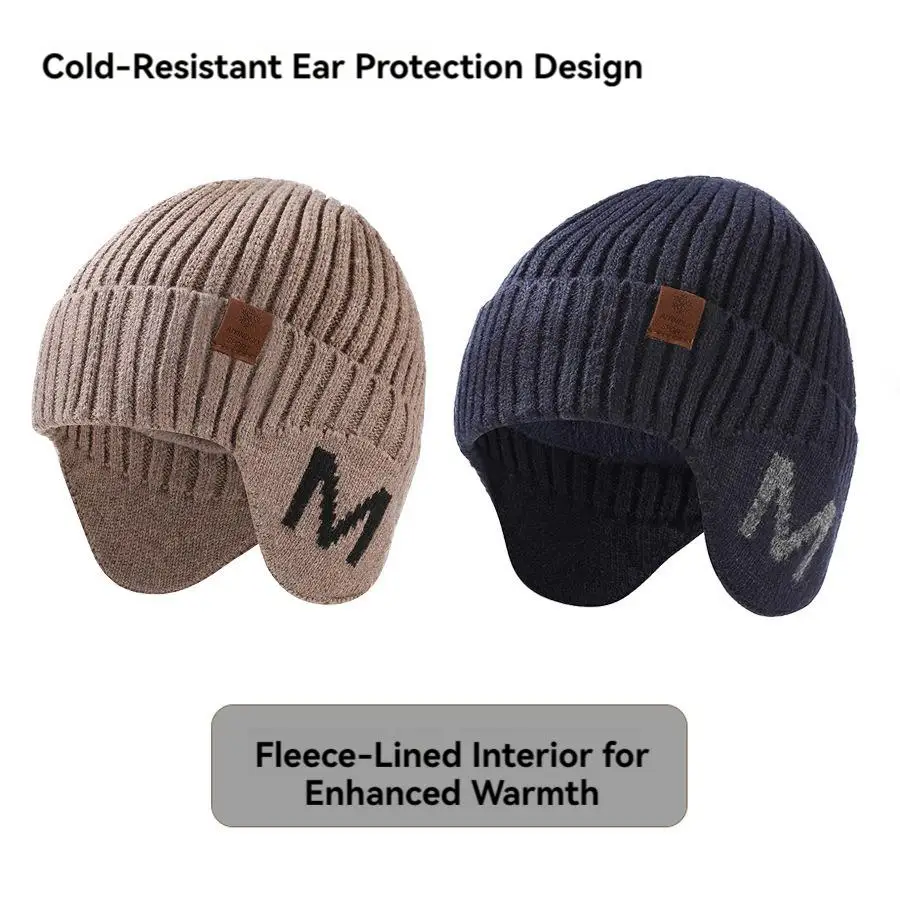 Fashion Winter Unisex Knitted Hat Double Layers Fleece Lined Warm Skull Cap Casual Beanie Cap with Earflap for Women Men