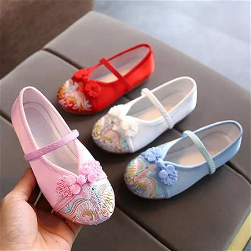 Kids Hanfu Shoes Handmade Embroidery Chinese Style Cloth Surface Shoes for Girls Traditional Flower Pattern dance Shoes 24-37