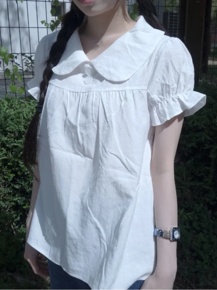 

Cotton Polyester Sweet Style Doll Collar Bubble Sleeve Shirt Women's Fashion Straight Cut Short Sleeve Top Wooden Trim