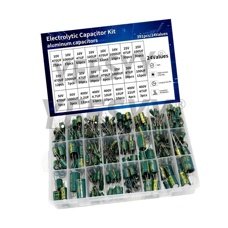 391pcs High Frequency 10V 16V 25V 35V 50V 400V 24 Values Electrolytic Capacitor Kit 24 Values for TV LCD Monitor Game