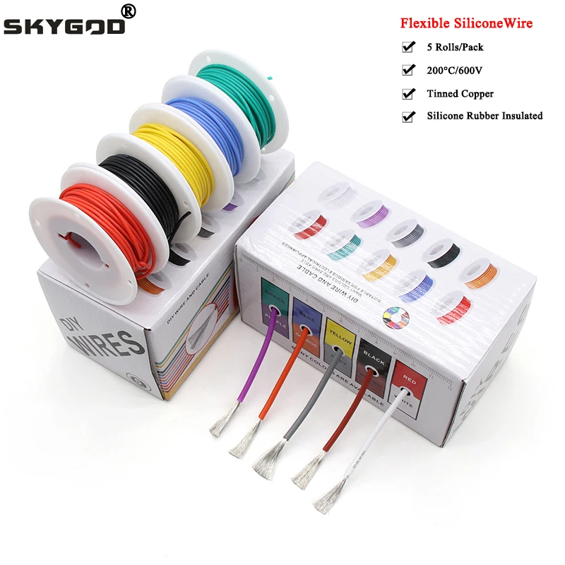 

Heat Resistant Flexible Silicone Wire（5 Colors Mix Kit）30/28/26/24/22/20/18/16AWG Stranded Cable Electrical Tinned Copper Wires