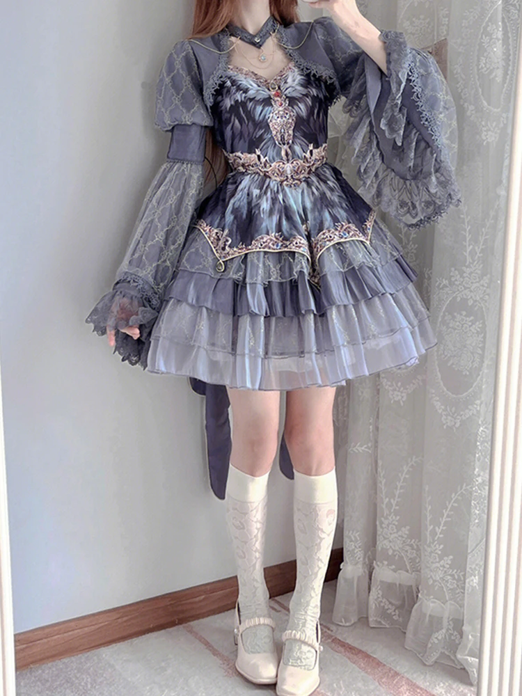 

Grey Lolita Maidsuit Dress Women's Fashion Set Heavy Embroidery Flower Bride Miss Lady Princess Skirt Sleeveless Gown