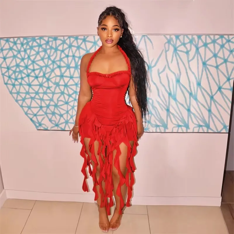 Solid Elegant Halter Backless ชุดวันเกิดสําหรับผู้หญิงเซ็กซี่ไม่สม่ําเสมอพู่ไนท์คลับมินิเดรส Robes